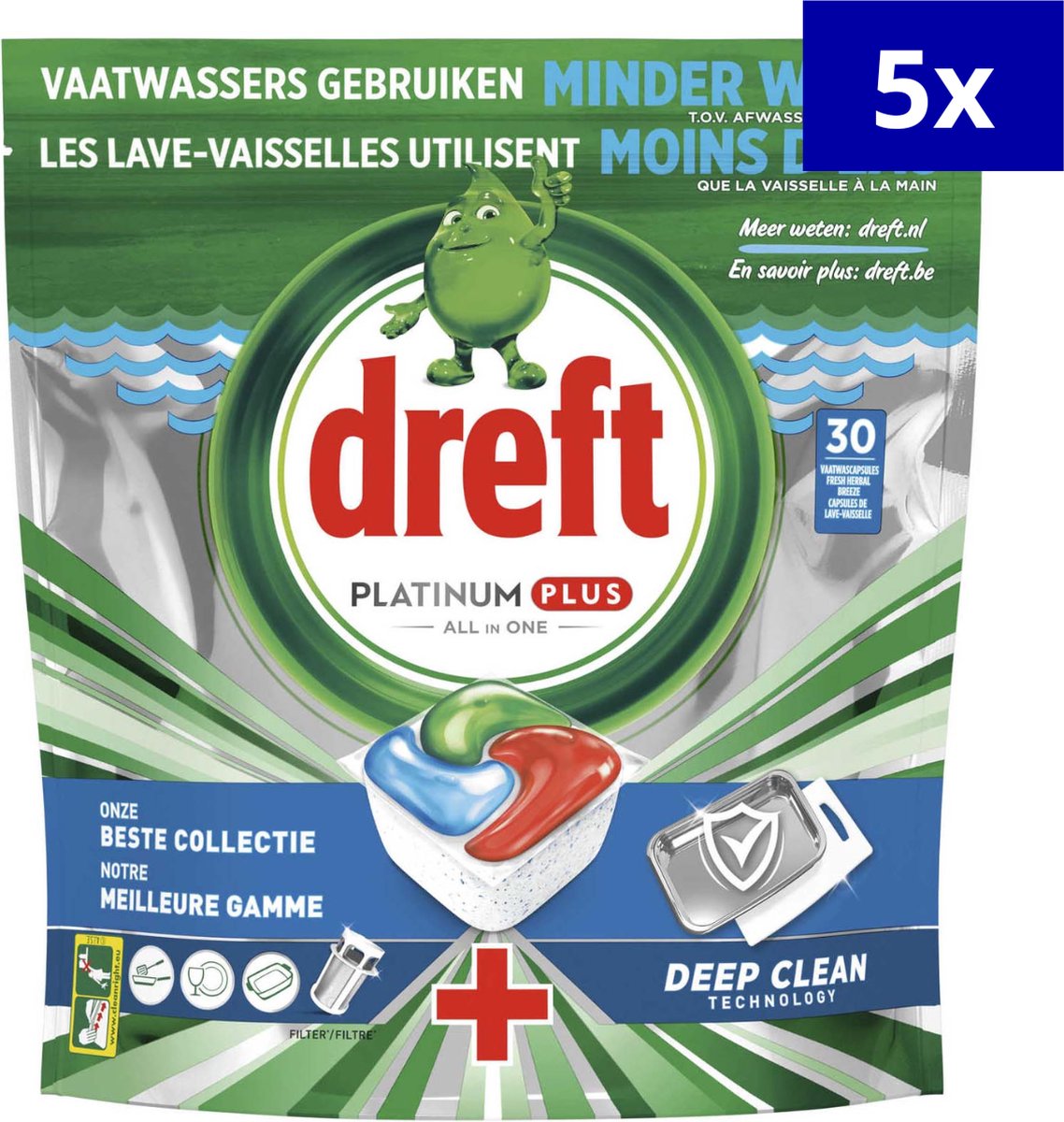 Dreft Platinum Plus All-in-One 150 stuks (5 x 30 vaatwastabletten) - Voordeelverpakking (7438237289265)