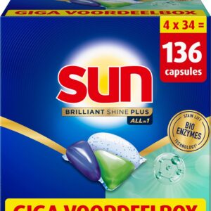 Sun - Vaatwastabletten- Brilliant Shine Plus - All-in 1 - met Bio-enzymentechnologie - 136 Capsules- Voordeelverpakking (8720182873989)