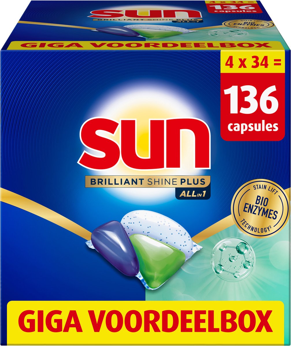 Sun - Vaatwastabletten- Brilliant Shine Plus - All-in 1 - met Bio-enzymentechnologie - 136 Capsules- Voordeelverpakking (8720182873989)