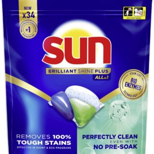 Sun - Vaatwastabletten- Brilliant Shine Plus - All-in 1 - met Bio-enzymentechnologie - 34 Capsules - Voordeelverpakking (8720182805454)