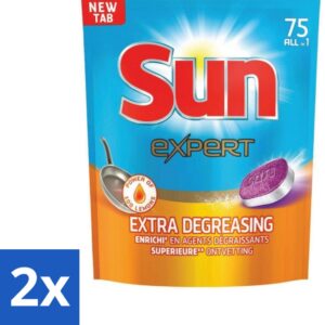 2 x Sun Expert - All-in-1 - Vaatwastabletten - Extra Ontvettend - 75 Tabletten - Vaatwastabletten - Vaatwasser - Ontvettende - Vaatwasmiddel - Spoelglans (8721418021341)