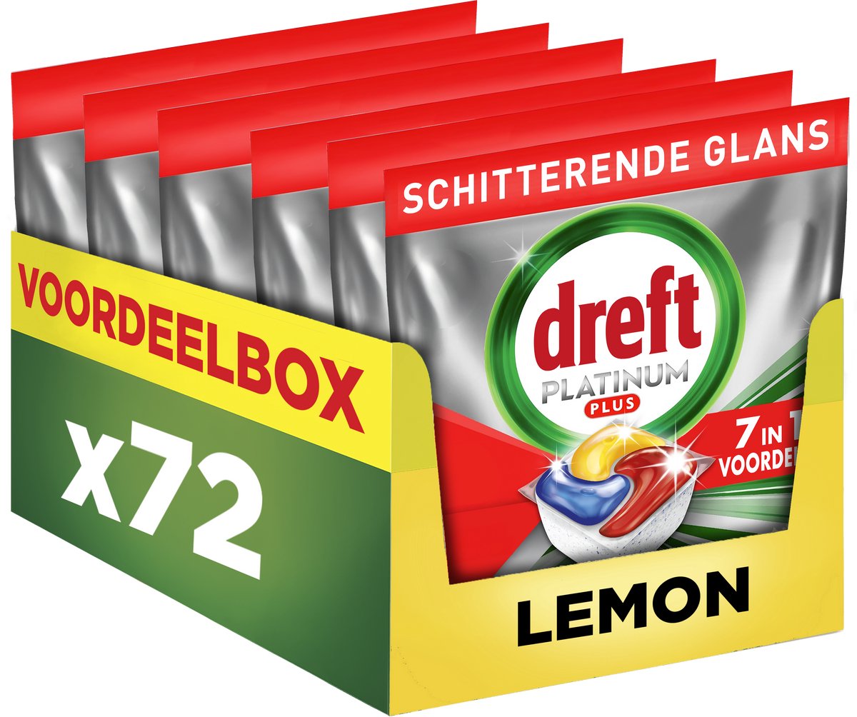 Dreft Platinum Plus All In One Vaatwastabletten - Citroen - Anti-dofheidstechnologie - 72 Capsules - Voordeelbox (8700216652360)