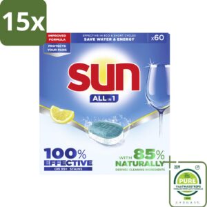 15 x Sun - Vaatwastabletten - All-in-1 Citroen - 60 tabletten - Grootverpakking - Vaatwastabletten - Citroen - Reiniging - Schone Vaat - Vlekken Verwijderen (8087061575915)