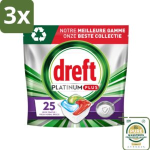 3 x Dreft Platinum Plus - Vaatwascapsules - Deep Clean Boosted - Fresh Herbal Breeze - 25 Afwasbeurten - Grootverpakking - Vaatwasmiddel - Vaatwastabletten - Reiniging - Glanzbescherming - Voedselresten (8027301880829)