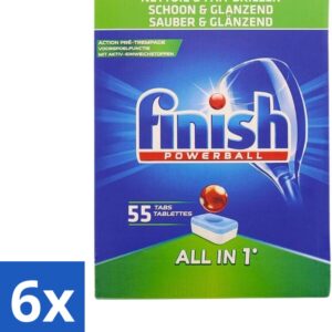 6 x Finish Powerball - All in 1 - Vaatwastabletten - Schoon & Glans - 55 Tabletten - Vaatwastabletten - Vaatwasser - Schoonmaak - Glans - Diepe Reiniging (8721418041394)