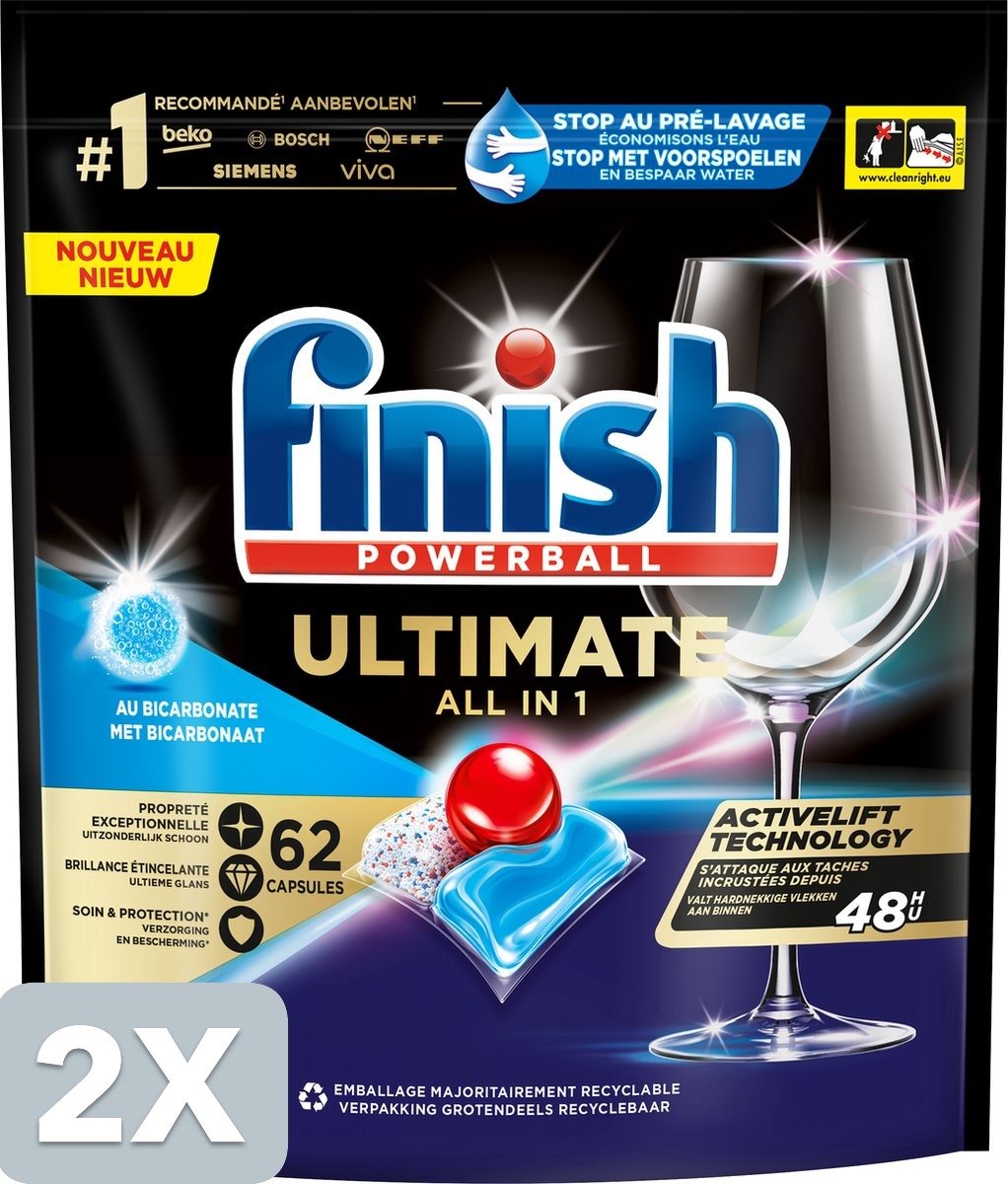 2 x Finish Ultimate All in One Bicarbonaat Vaatwastabletten - 62 Capsules (6156255837800)