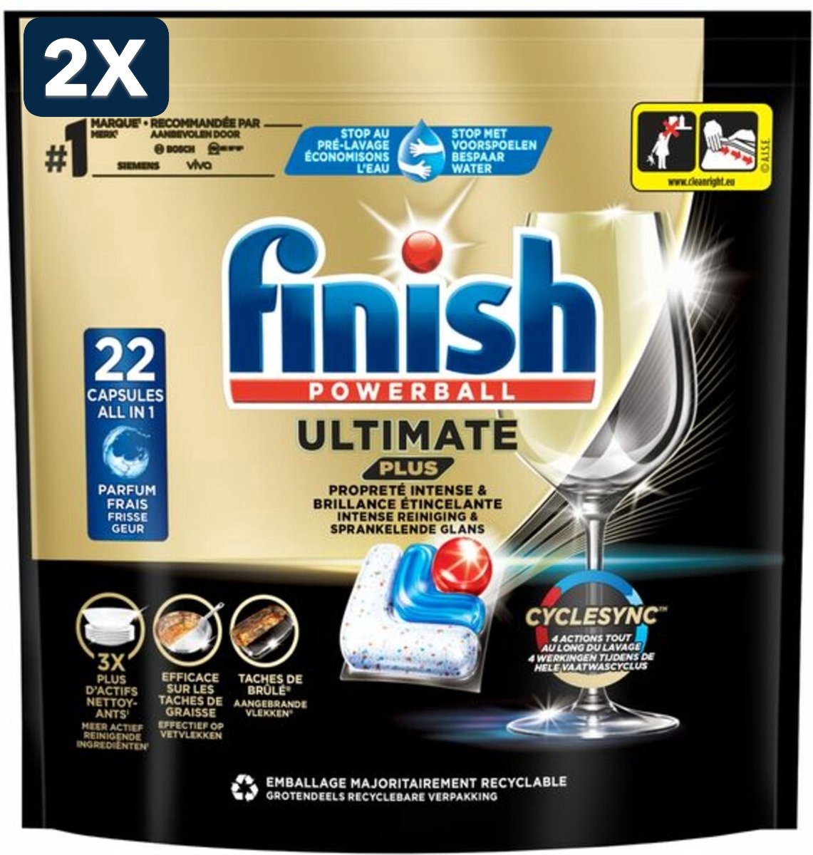 2 x Finish Ultimate Plus Vaatwastabletten Regular - 22 stuks (6156256058075)