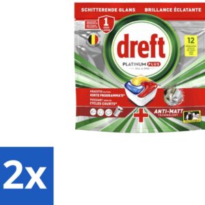2 x Dreft - Vaatwastabletten - Platinum Plus All-in-One - Lemon - 12 Tabletten - Vaatwasmiddelen - Vaatwastabletten - Anti-dofheid - Vaatwasmiddelen Lemon - Vaatwasmiddelen Anti-matt (8721418708341)