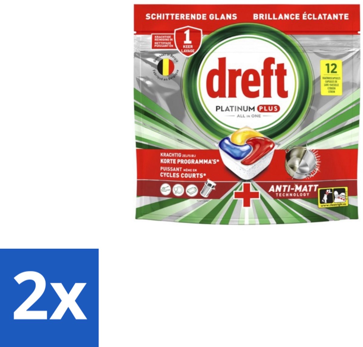 2 x Dreft - Vaatwastabletten - Platinum Plus All-in-One - Lemon - 12 Tabletten - Vaatwasmiddelen - Vaatwastabletten - Anti-dofheid - Vaatwasmiddelen Lemon - Vaatwasmiddelen Anti-matt (8721418708341)
