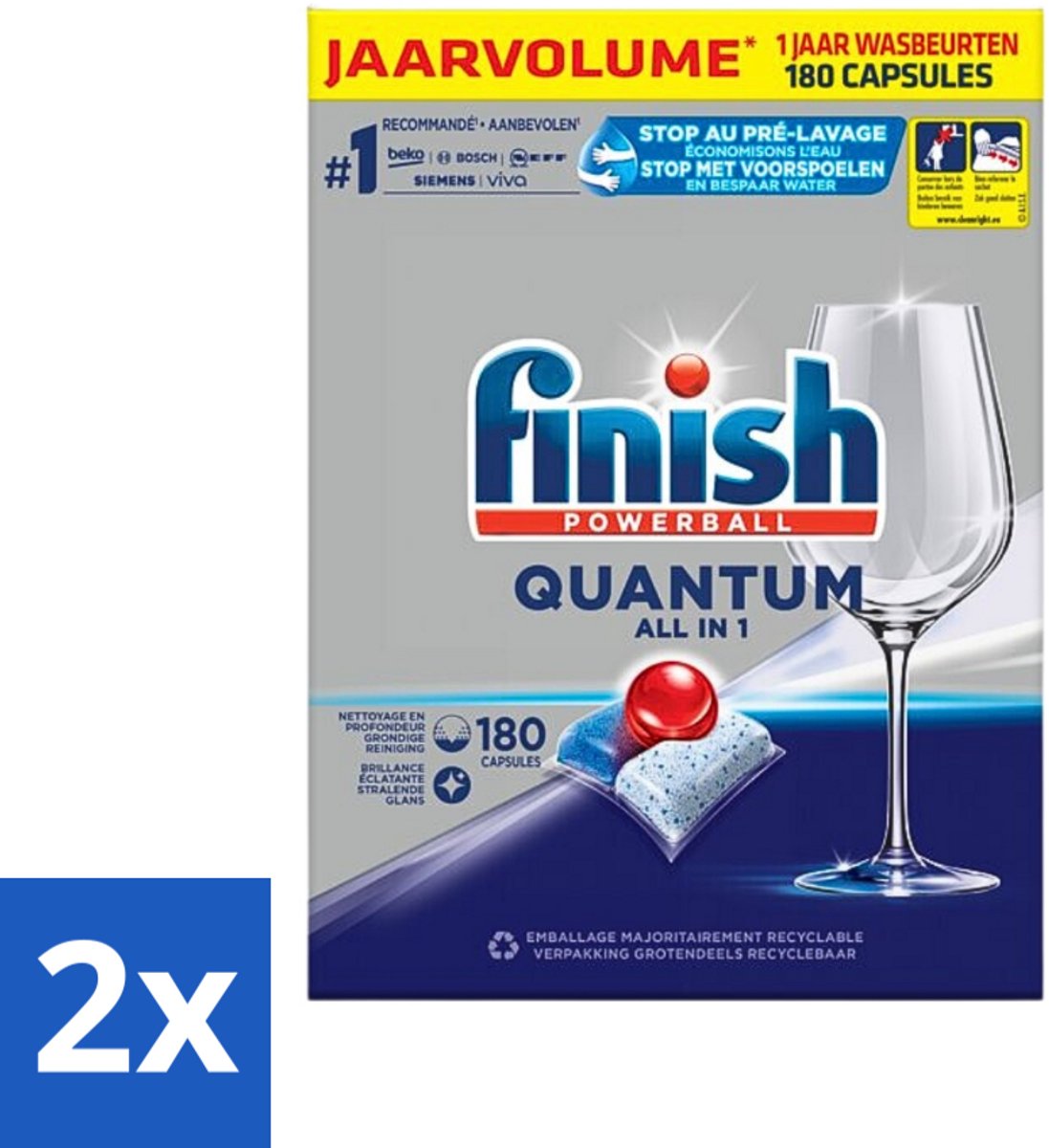 2 x Finish Powerball - Quantum All in 1 - Vaatwastabletten - 180 Tabletten - Vaatwascapsules - Diepe Reiniging - Glans - Vaatwasser - Finish Quantum (8721418017986)