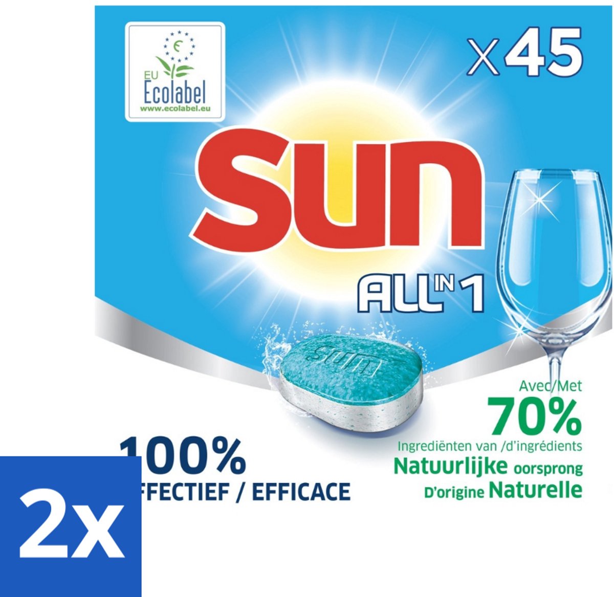 2 x Sun All-in One - Ecolabel - Vaatwastabletten - 45 Tabletten - Vaatwastabletten - Vaatwasser - Ecologische Vaatwas - Milieuvriendelijk - Biologische Vaatwastabletten (8721418021402)