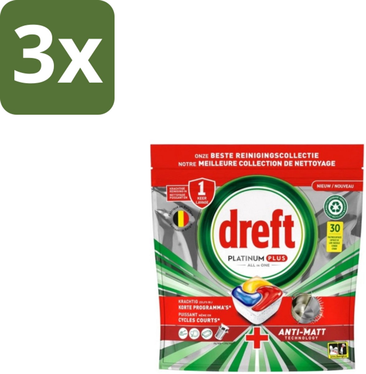 3 x Dreft - Vaatwastabletten - Platinum Plus All-in-One - Original - 30 Tabletten - Vaatwastabletten - Anti-dofheid - Glasbescherming - Machinezorg - Vaatwasser (8721418701144)