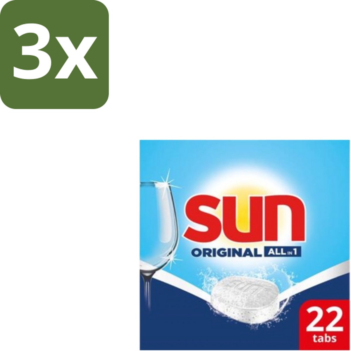 3 x Sun - Vaatwastabletten - All-in-1 Original - 22 tabletten - Vaatwastabletten - Vaatwassen - Reiniging - Glans - Spoelglans (8721418702929)