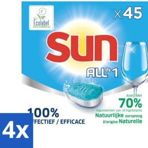 4 x Sun All-in One - Ecolabel - Vaatwastabletten - 45 Tabletten - Vaatwastabletten - Vaatwasser - Ecologische Vaatwas - Milieuvriendelijk - Biologische Vaatwastabletten (8721418033108)