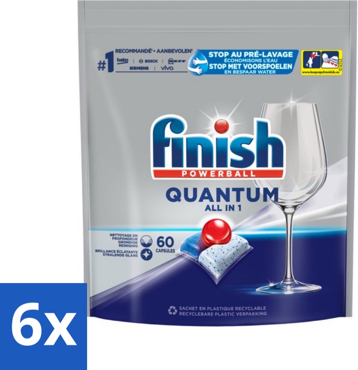 6 x Finish Powerball - Quantum All in 1 - Vaatwastabletten - 60 Capsules - Vaatwastabletten - Vaatwasser - Diepe Reiniging - Glans - Vaatwascapsules (8721418041288)