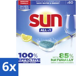 6 x Sun - Vaatwastabletten - All-in-1 Citroen - 60 tabletten - Vaatwastabletten - Citroen - Reiniging - Schone Vaat - Vlekken Verwijderen (8721418421844)
