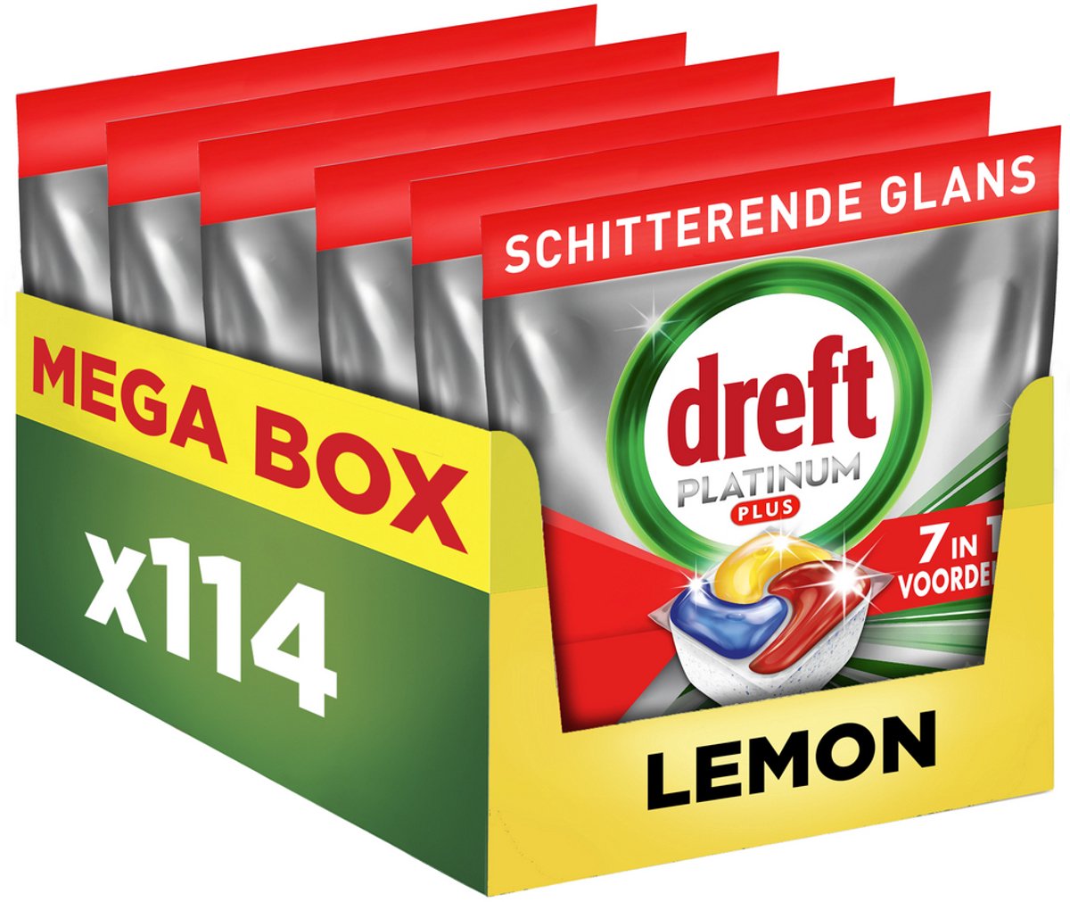 Dreft Platinum Plus All In One Vaatwastabletten - Citroen - Anti-dofheidstechnologie - 114 Capsules - Mega Box (8700216652544)