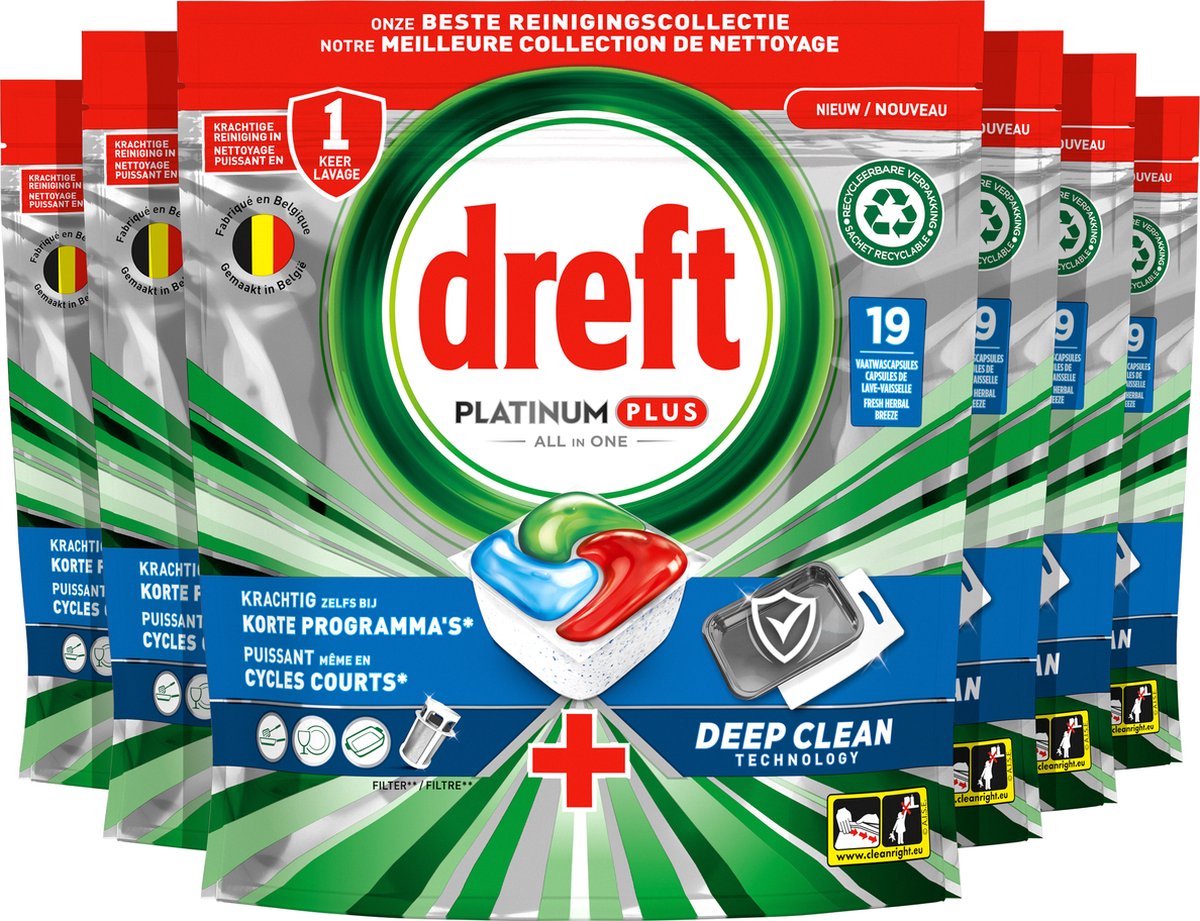 Dreft Platinum Plus All In One - Vaatwastabletten - Deep Clean Fresh Herbal Breeze - Voordeelverpakking 114 Capsules (4801288469185)