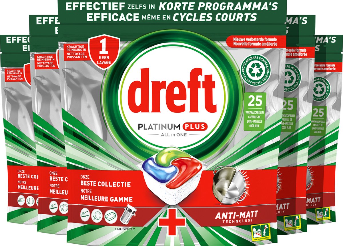 Dreft Platinum Plus All In One - Vaatwastabletten - Voordeelverpakking 5 x 25 stuks (8006540796740)