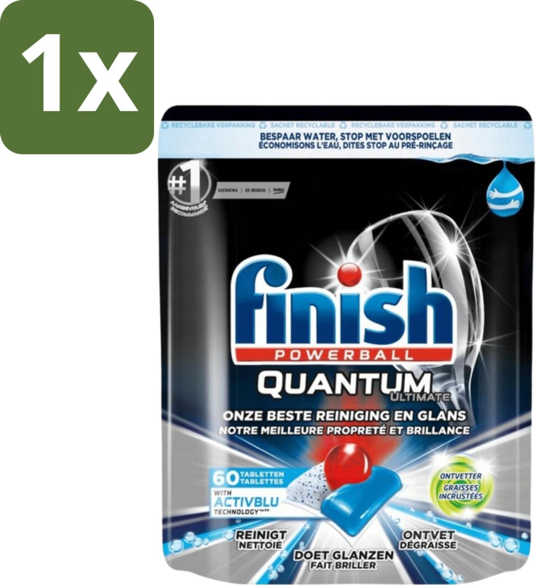 Finish Powerball - Quantum Ultimate - Vaatwastabletten - Ontvetter - 60 Tabletten - 1 stuk (8290621943400)