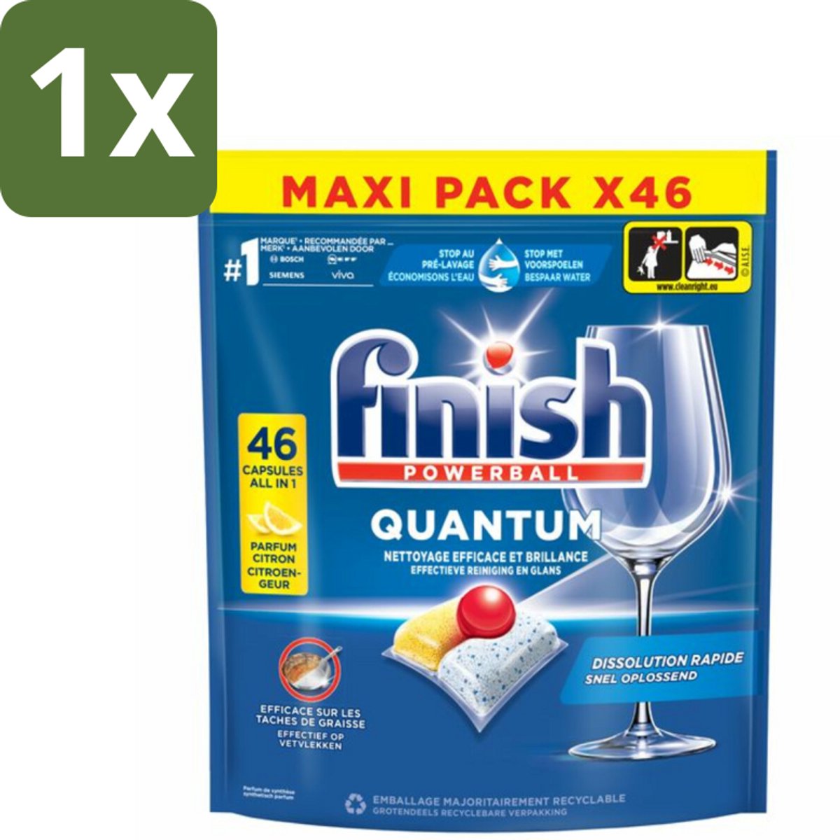 Finish - Vaatwasmiddel - Quantum Vaatwastabletten Citroen - Diepe Reiniging & Frisheid - 46 capsules - 1 stuk (8721418355026)