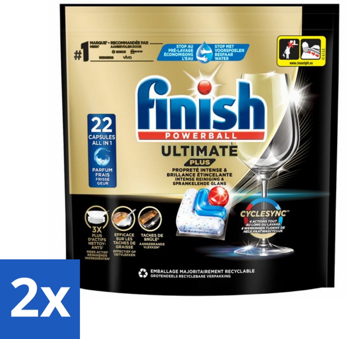 Finish - Vaatwasmiddel - Ultimate Plus Vaatwastabletten Regular - Krachtige Alles-in-1 Reiniging - 22 capsules - Voordeelverpakking - 2 stuks (8721418377196)