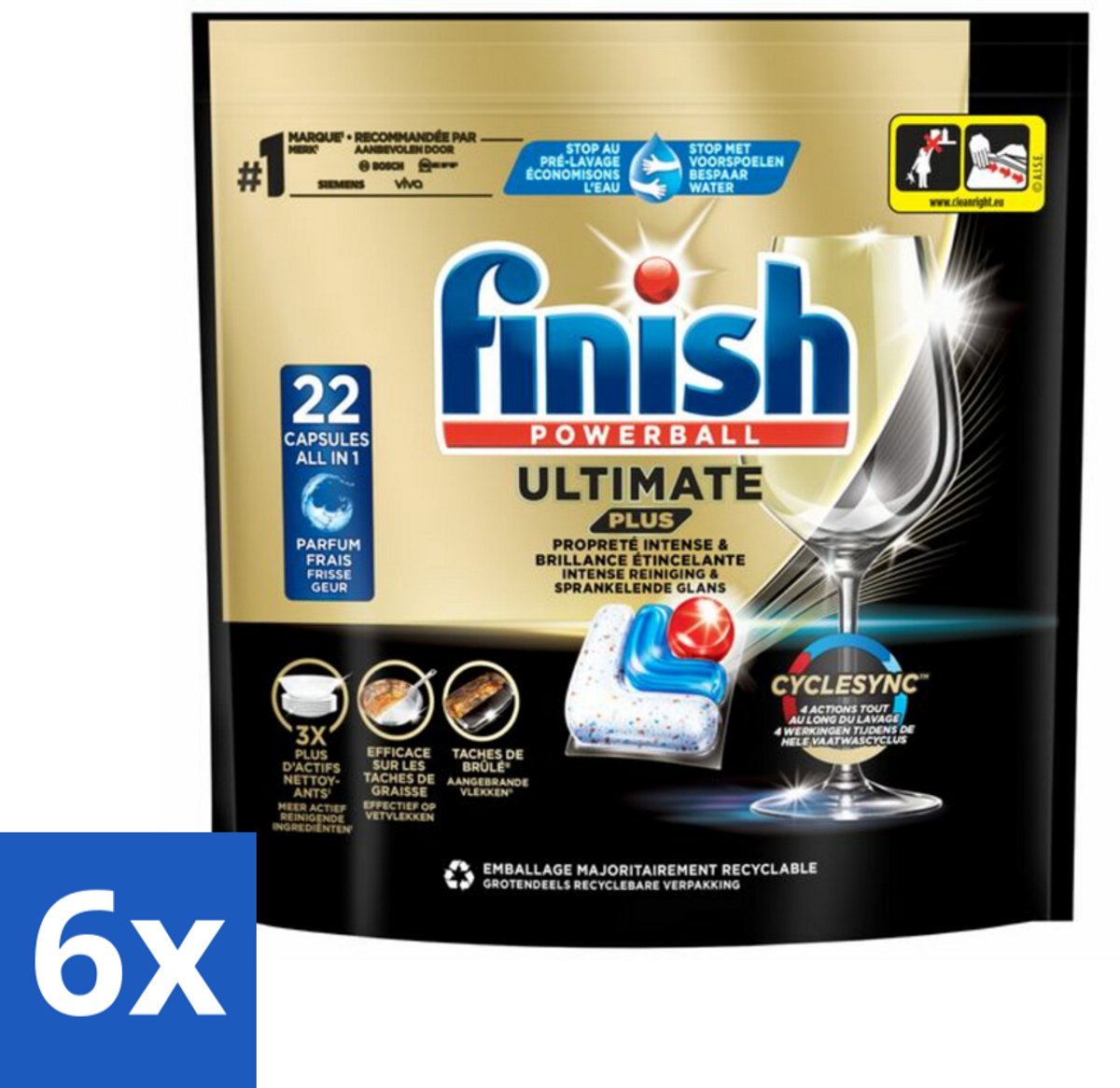 Finish - Vaatwasmiddel - Ultimate Plus Vaatwastabletten Regular - Krachtige Alles-in-1 Reiniging - 22 capsules - Voordeelverpakking - 6 stuks (8721418421479)