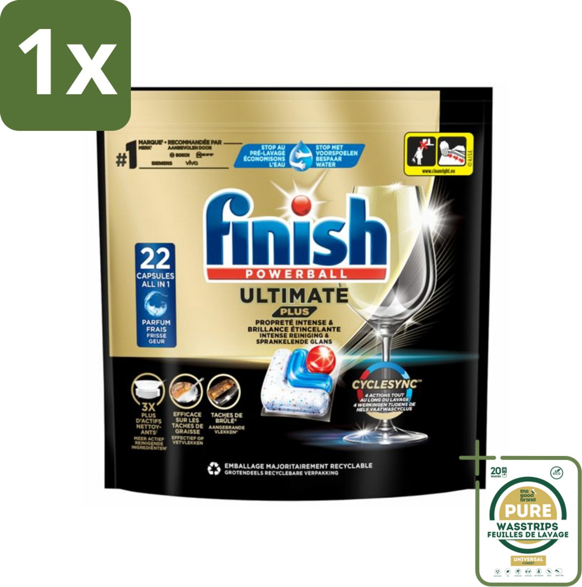 1 x Finish - Vaatwasmiddel - Ultimate Plus Vaatwastabletten Regular - Krachtige Alles-in-1 Reiniging - 22 capsules- Vaatwasmiddel - Vaatwastablet - Vaatwasmachine - Reinigingsmiddel - Glans (8088626231550)