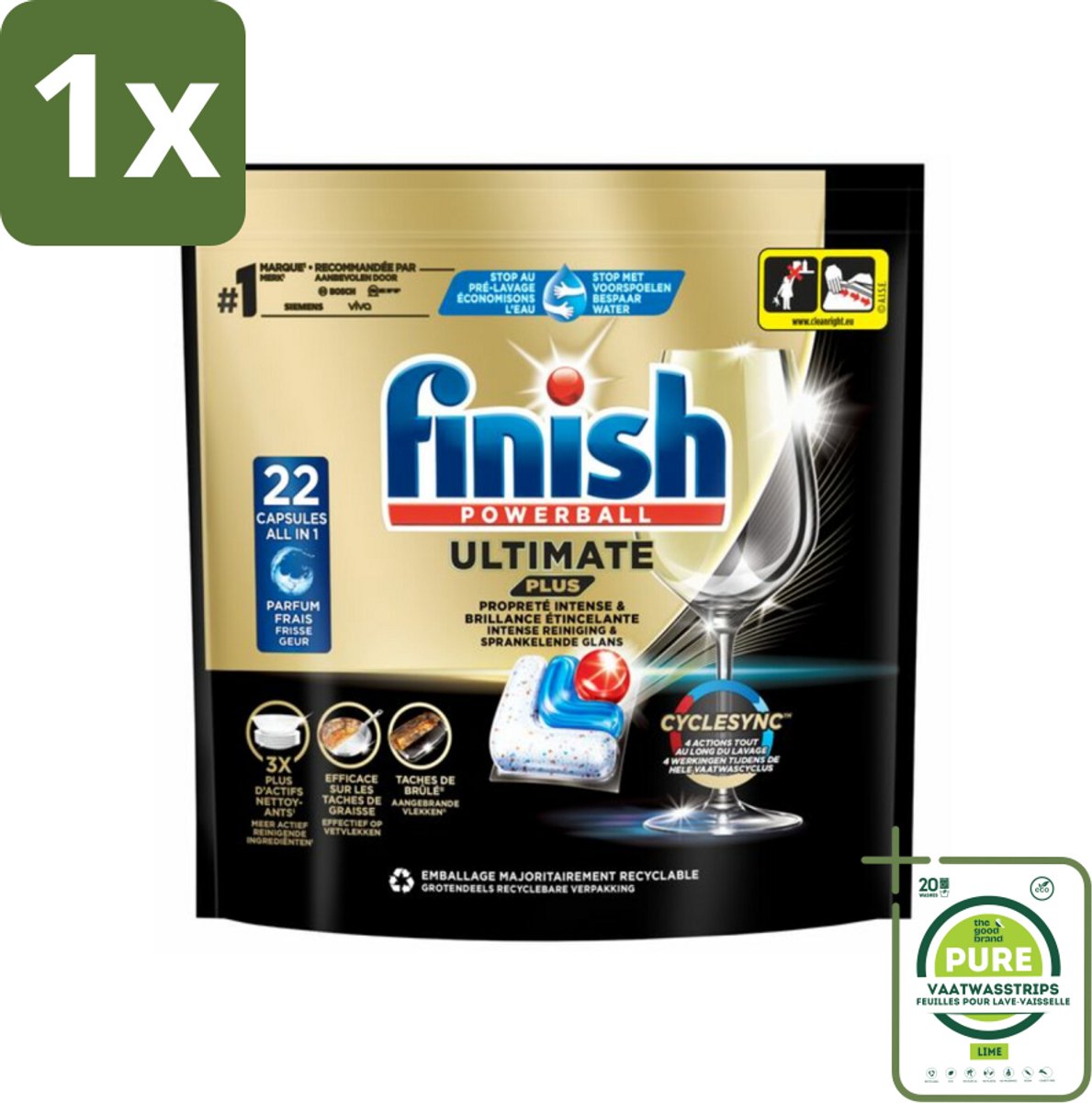 1 x Finish - Vaatwasmiddel - Ultimate Plus Vaatwastabletten Regular - Krachtige Alles-in-1 Reiniging - 22 capsules - Vaatwastabletten - Vaatwascapsules - Vaatwasser - Vaatwasmiddel - Glans (8036496338442)