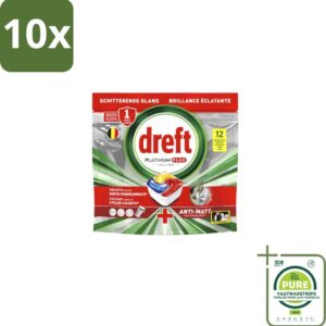 10 x Dreft - Vaatwastabletten - Platinum Plus All-in-One - Lemon - 12 Tabletten - Grootverpakking - Vaatwasmiddelen - Vaatwastabletten - Anti-dofheid - Vaatwasmiddelen Lemon - Vaatwasmiddelen Anti-matt (8155361567180)
