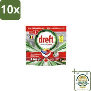 10 x Dreft - Vaatwastabletten - Platinum Plus All-in-One - Lemon - 12 Tabletten - Grootverpakking - Vaatwasmiddelen - Vaatwastabletten - Anti-dofheid - Vaatwasmiddelen Lemon - Vaatwasmiddelen Anti-matt (8155361727881)