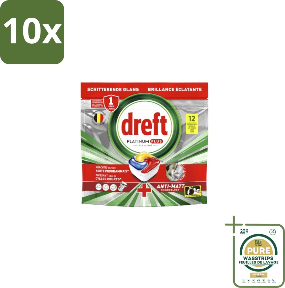 10 x Dreft - Vaatwastabletten - Platinum Plus All-in-One - Lemon - 12 Tabletten - Grootverpakking - Vaatwasmiddelen - Vaatwastabletten - Anti-dofheid - Vaatwasmiddelen Lemon - Vaatwasmiddelen Anti-matt (8155361727881)