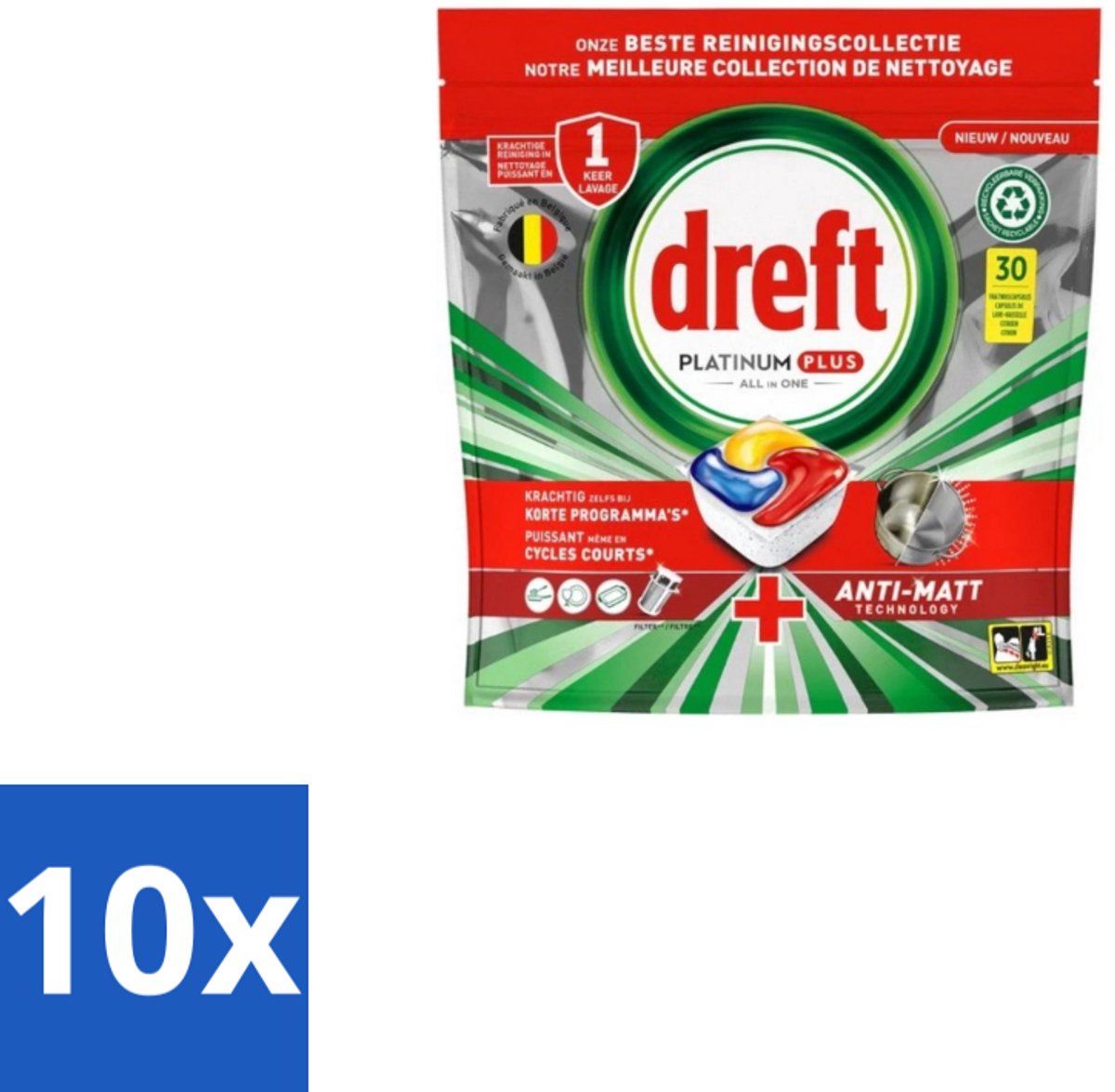10 x Dreft - Vaatwastabletten - Platinum Plus All-in-One - Original - 30 Tabletten - Vaatwastabletten - Anti-dofheid - Glasbescherming - Machinezorg - Vaatwasser (8721418730021)