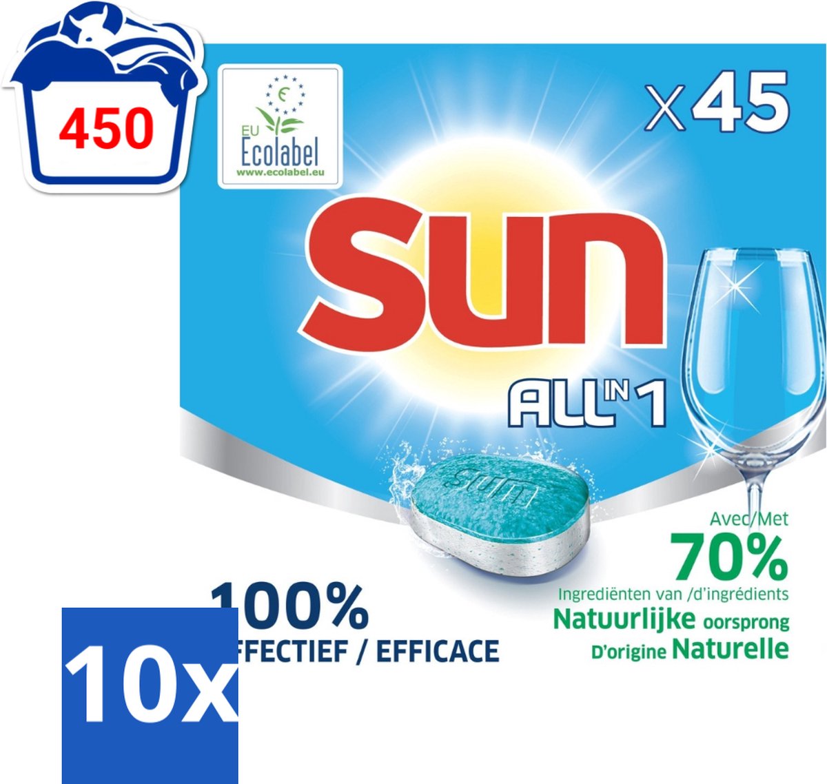 10 x Sun All-in One - Ecolabel - Vaatwastabletten - 45 Tabletten - Vaatwastabletten - Ecolabel - Vaatwasser - Milieuvriendelijk - Vaatwassen (8721418091603)