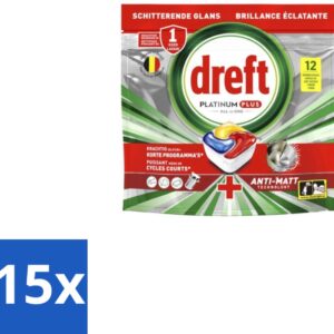 15 x Dreft - Vaatwastabletten - Platinum Plus All-in-One - Lemon - 12 Tabletten - Vaatwasmiddelen - Vaatwastabletten - Anti-dofheid - Vaatwasmiddelen Lemon - Vaatwasmiddelen Anti-matt (8721418733619)