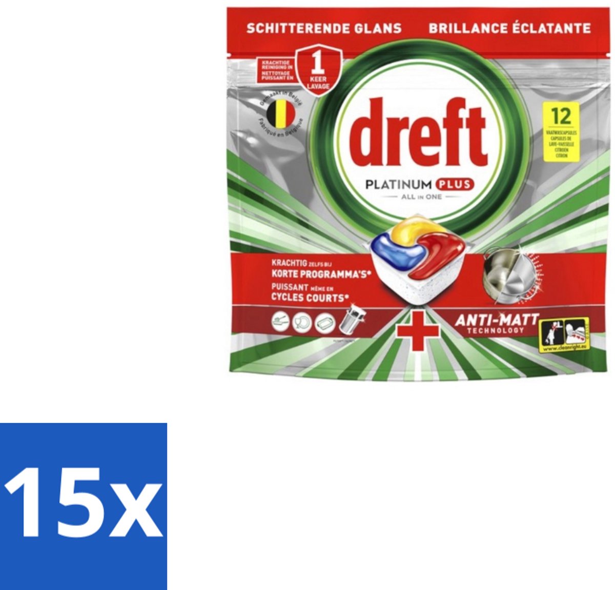 15 x Dreft - Vaatwastabletten - Platinum Plus All-in-One - Lemon - 12 Tabletten - Vaatwasmiddelen - Vaatwastabletten - Anti-dofheid - Vaatwasmiddelen Lemon - Vaatwasmiddelen Anti-matt (8721418733619)