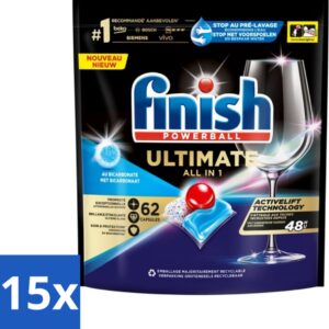 15 x Finish Powerball - Ultimate All in One - Vaatwastabletten - Met Bicarbonaat - 62 Capsules - Vaatwasmiddel - Vaatwascapsules - Glans - Reiniging - Vlekken Verwijderen (8721418099791)