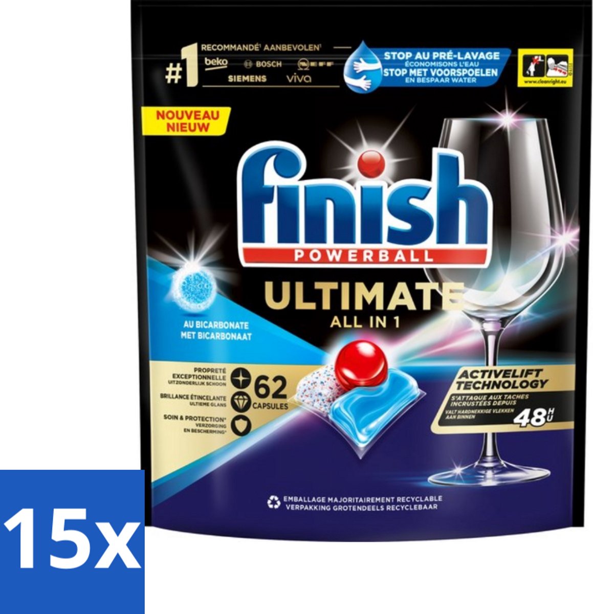 15 x Finish Powerball - Ultimate All in One - Vaatwastabletten - Met Bicarbonaat - 62 Capsules - Vaatwasmiddel - Vaatwascapsules - Glans - Reiniging - Vlekken Verwijderen (8721418099791)
