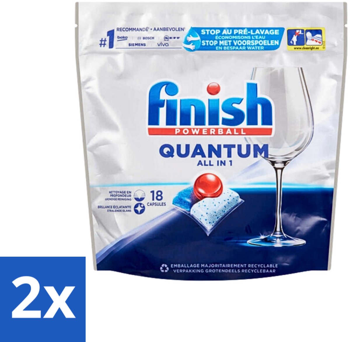 2 x Finish Powerball - Quantum All in 1 - Vaatwastabletten - Stralende Glans - 18 Tabletten - Vaatwastabletten - Vaatwasser - Diepe Reiniging - Glans - All In One (8721418017801)