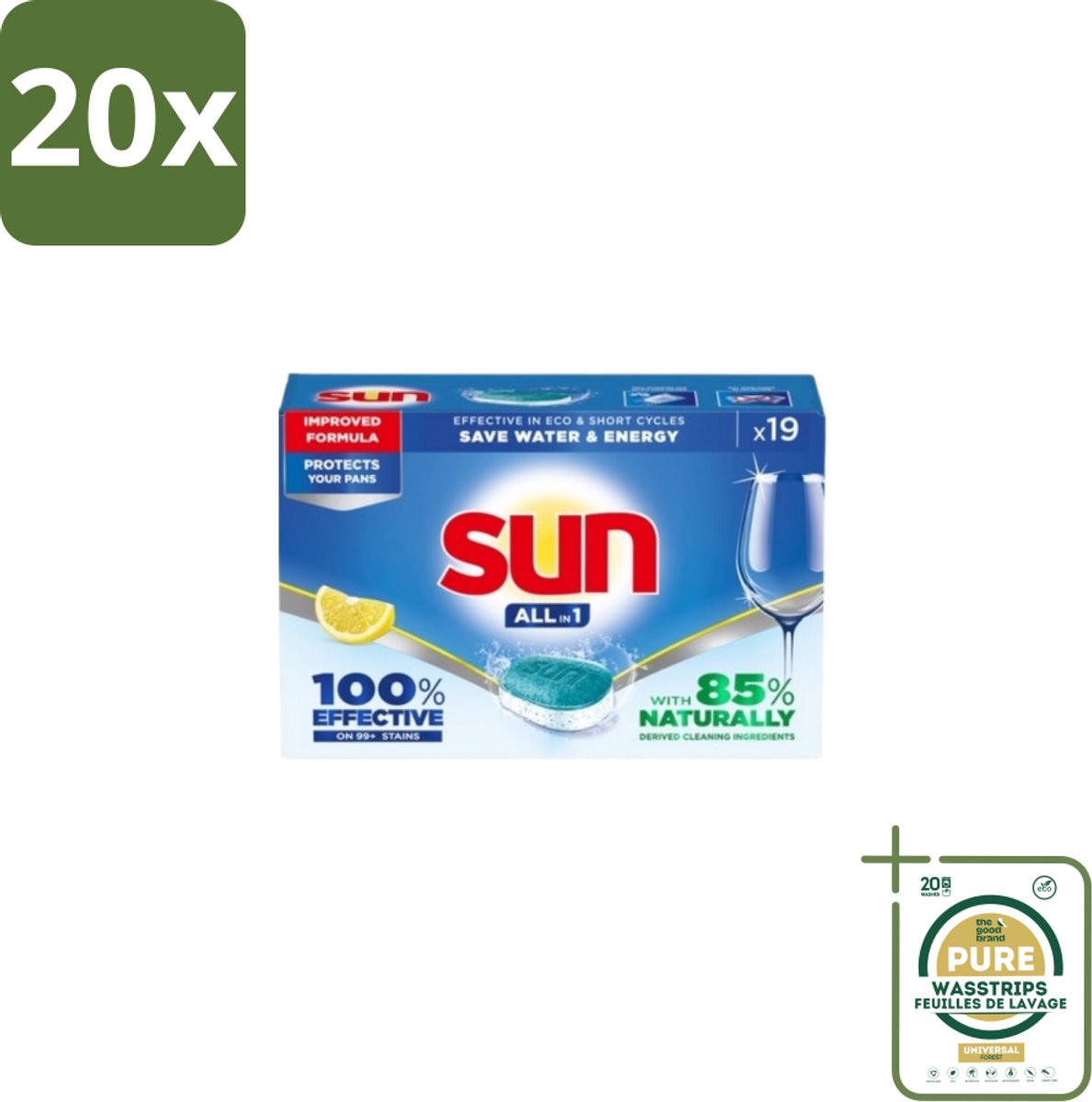 20 x Sun - Vaatwastabletten - All-in-1 Citroen - 19 tabletten - Grootverpakking - Vaatwastabletten - Citroen - Reiniging - Schone Vaat - Glans (8155361760536)