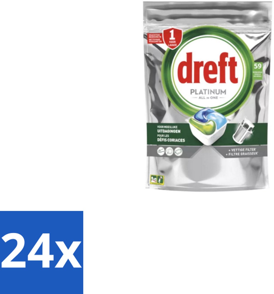 24 x Dreft - Vaatwastabletten - Platinum All-in-One Original - 59 Tabletten - Vaatwastabletten - Vaatwasser - Reiniging - Ontvetting - Zout (8721418722767)