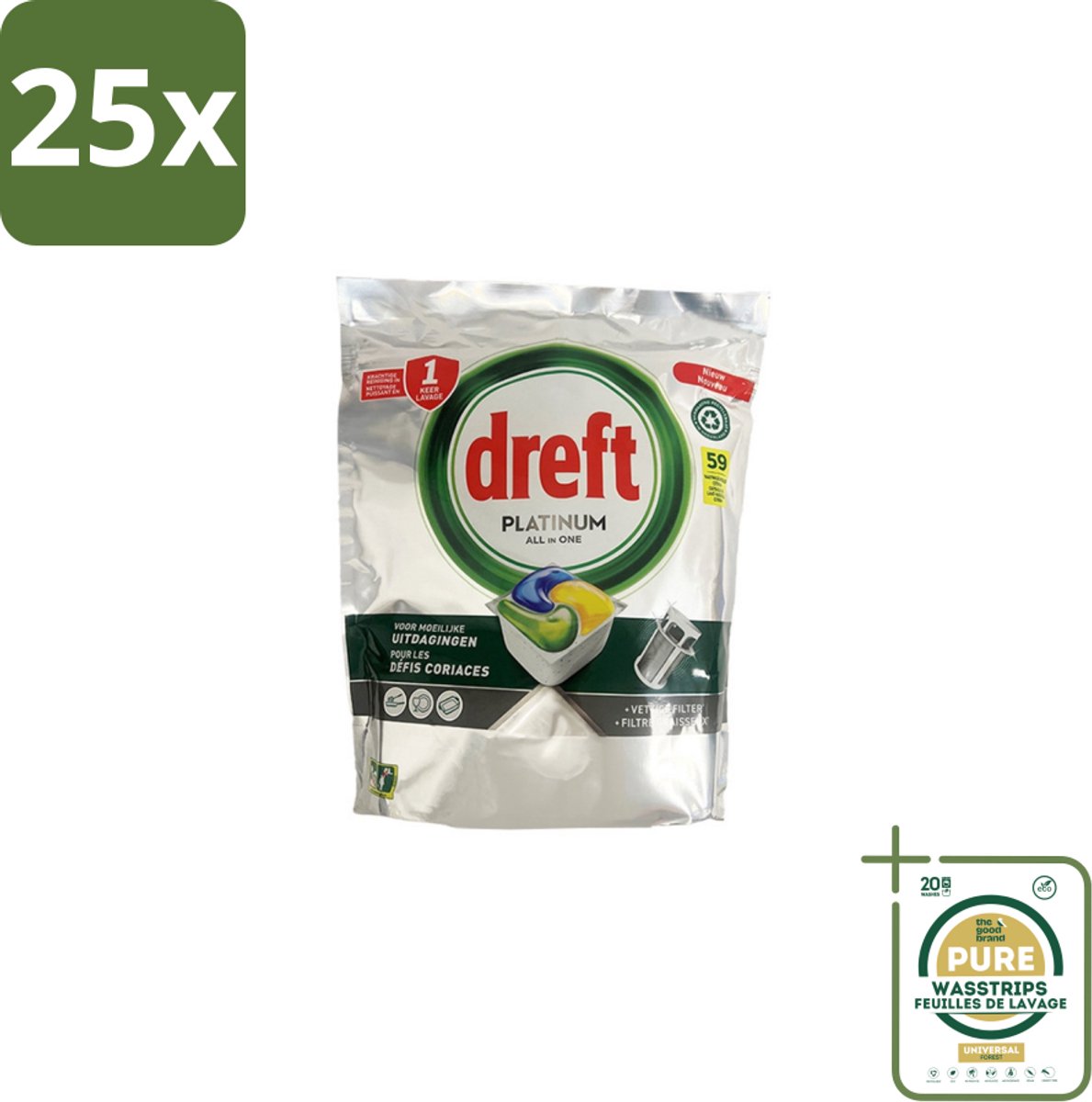 25 x Dreft - Vaatwastabletten - All-in-One Platinum - Lemon - 59 Tabletten - Grootverpakking - Vaatwastabletten - Vaatwasser - Vetverwijderen - Glasbescherming - Citroengeur (8155361767474)