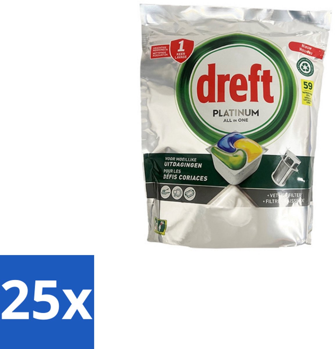 25 x Dreft - Vaatwastabletten - All-in-One Platinum - Lemon - 59 Tabletten - Vaatwastabletten - Vaatwasser - Vetverwijderen - Glasbescherming - Citroengeur (8721418740808)