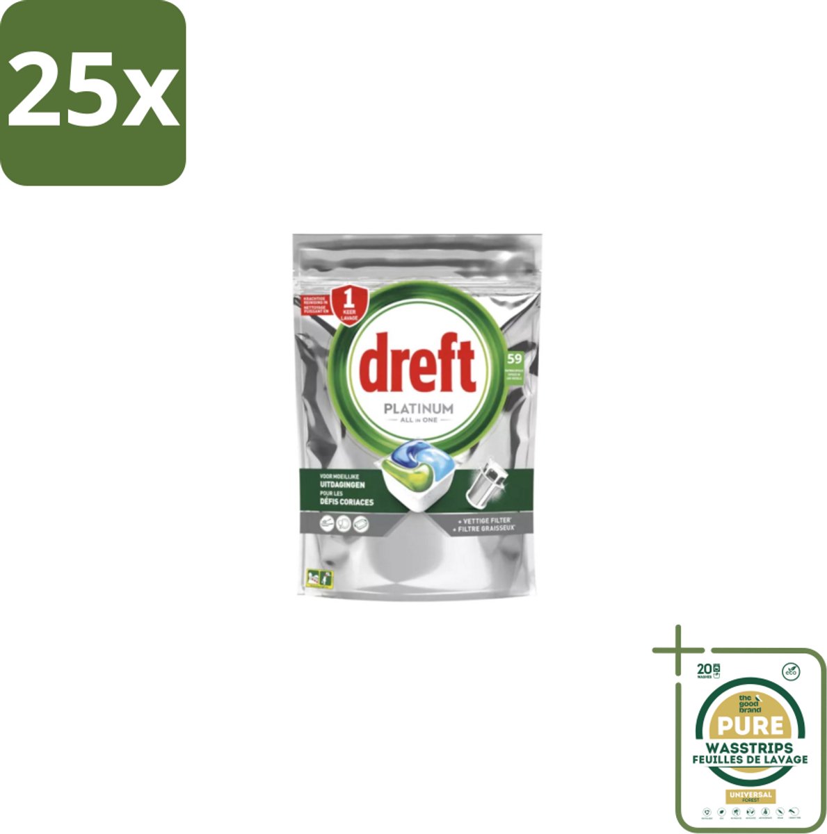 25 x Dreft - Vaatwastabletten - Platinum All-in-One Original - 59 Tabletten - Grootverpakking - Vaatwastabletten - Vaatwasser - Reiniging - Ontvetting - Zout (8155361767658)