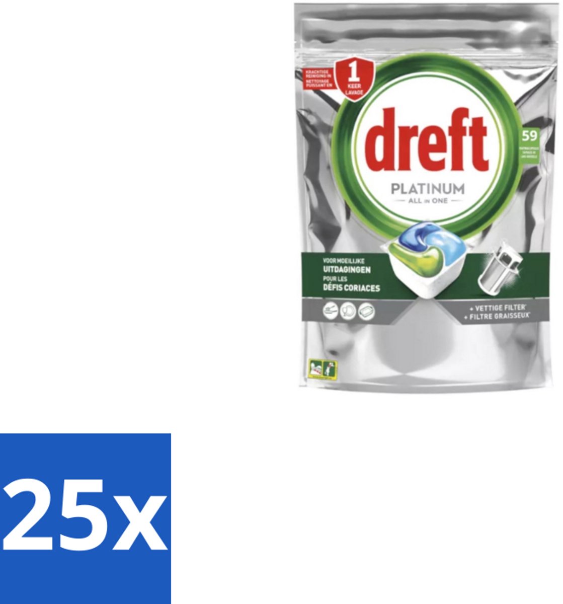 25 x Dreft - Vaatwastabletten - Platinum All-in-One Original - 59 Tabletten - Vaatwastabletten - Vaatwasser - Reiniging - Ontvetting - Zout (8721418740815)
