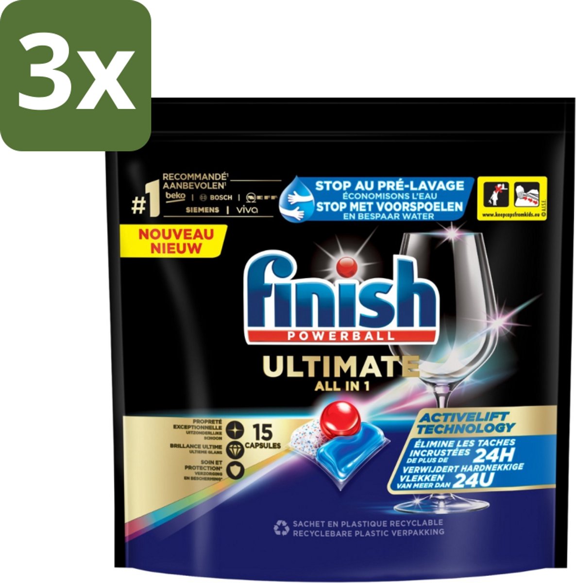 3 x Finish Powerball - Ultimate All in 1 - Vaatwastabletten - Activelift - 15 Capsules - Vaatwastabletten - Activelift - Reiniging - Glans - Vaatwassen (8721418817821)