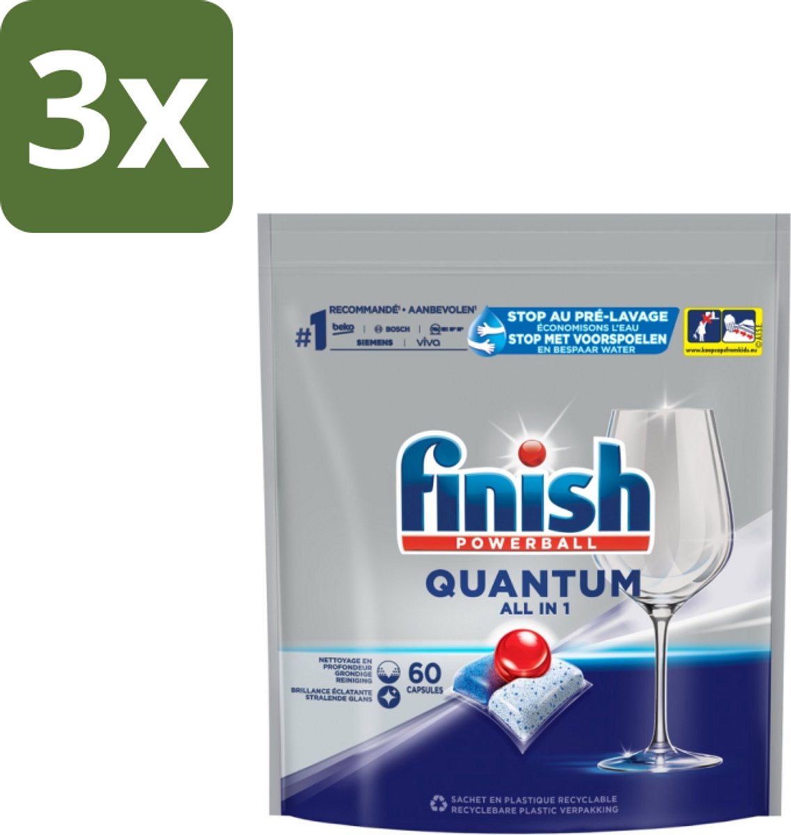 3 x Finish - Vaatwastabletten - Quantum All-in-1 - 60 Capsules - Vaatwastabletten - Vaatwassen - Reiniging - Glans - Vet Verwijderen (8721418817890)