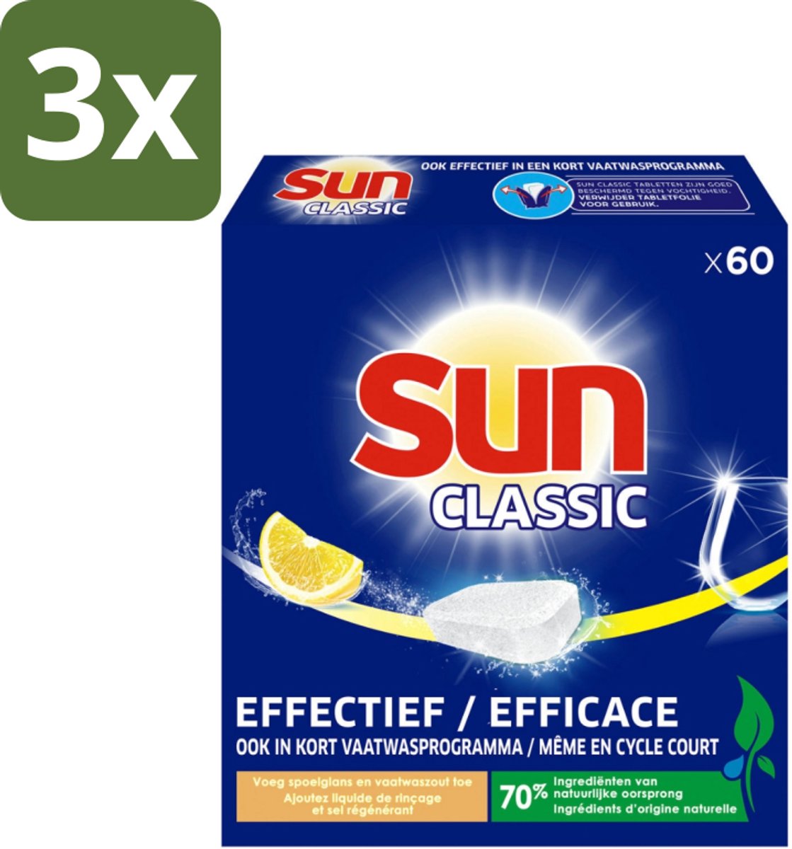 3 x Sun Classic - Vaatwastabletten - Voordeelverpakking - Citroen - 60 Tabletten - Vaatwastabletten - Citroengeur - Vaatwasser - Fosfaatvrije - Milieuvriendelijk (8721418821392)