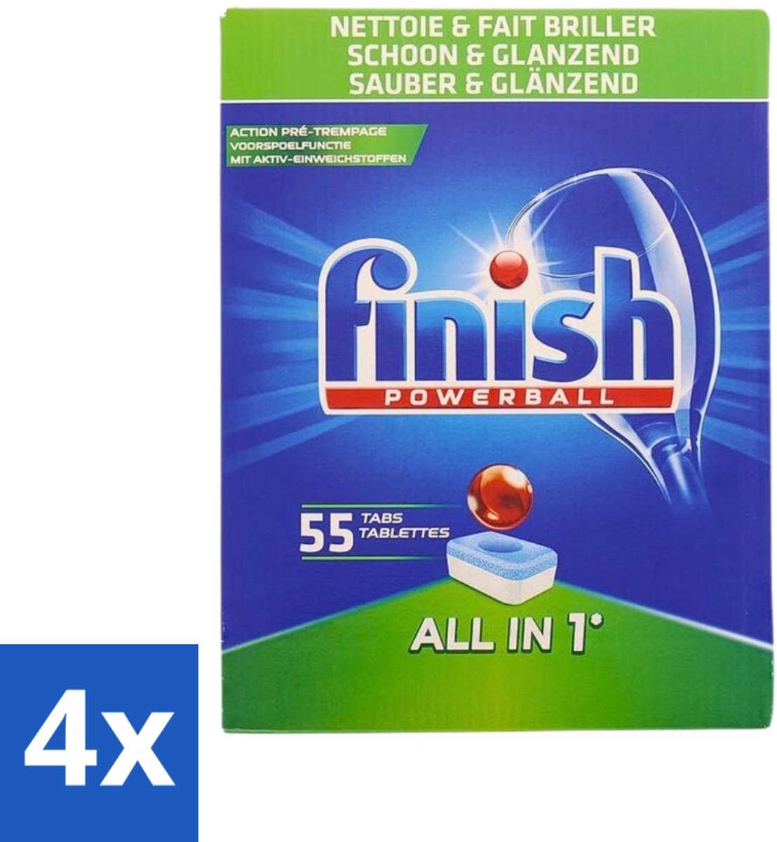 4 x Finish Powerball - All in 1 - Vaatwastabletten - Schoon & Glans - 55 Tabletten - Vaatwastabletten - Vaatwasser - Schoonmaak - Glans - Diepe Reiniging (8721418029699)