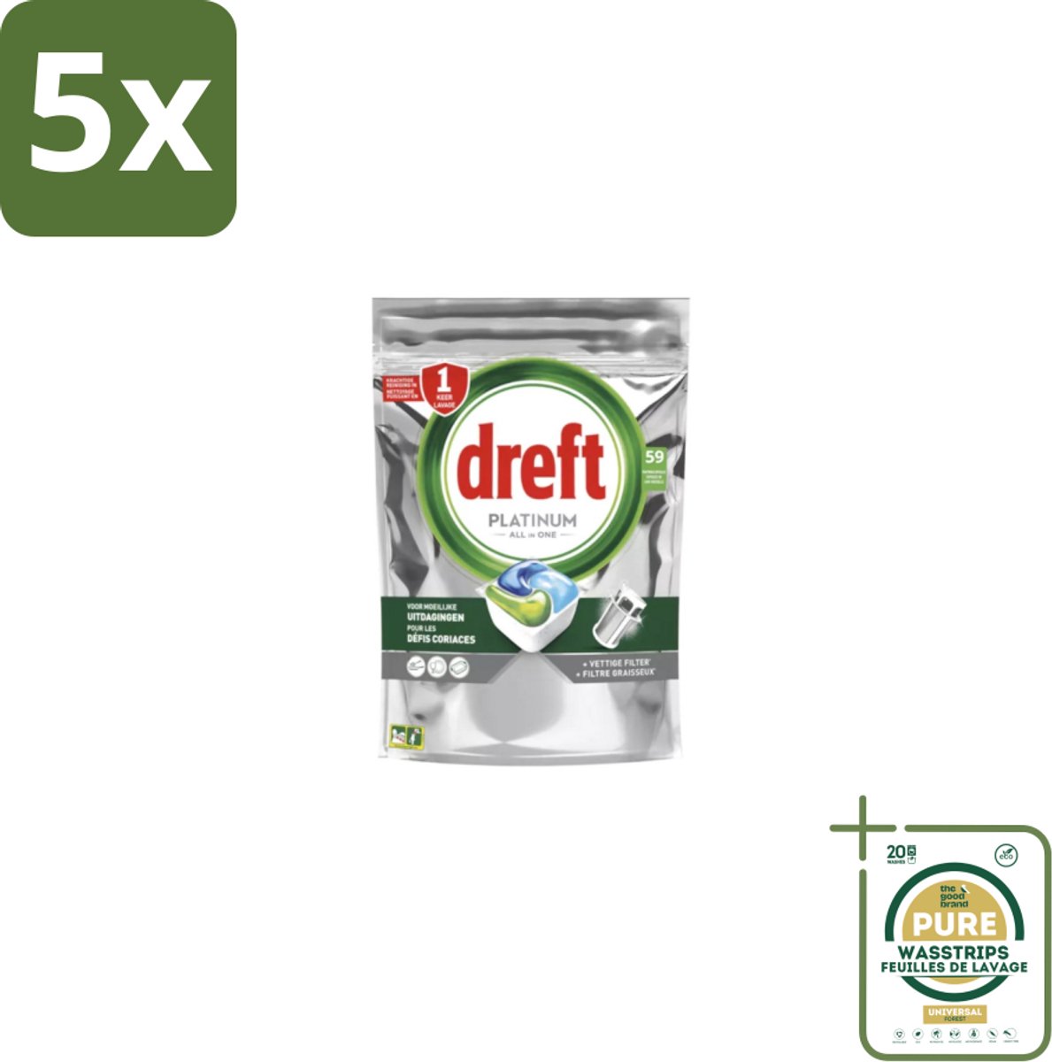 5 x Dreft - Vaatwastabletten - Platinum All-in-One Original - 59 Tabletten - Grootverpakking - Vaatwastabletten - Vaatwasser - Reiniging - Ontvetting - Zout (8155361718858)